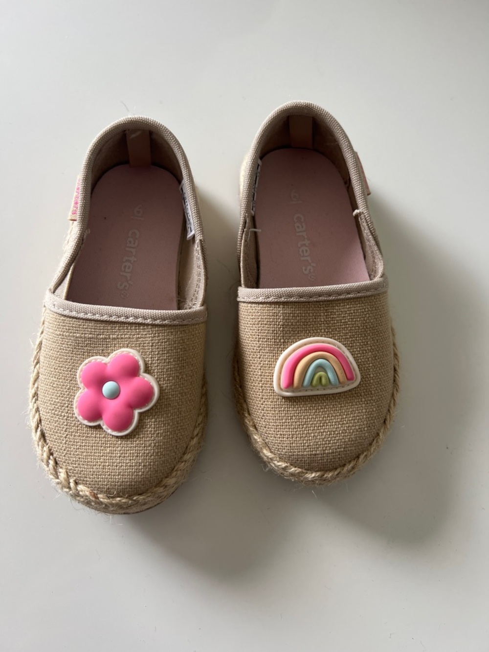 Carter's Beige Canvas Slip-On Kids Shoes with Pink Flower & Pastel Rainbow